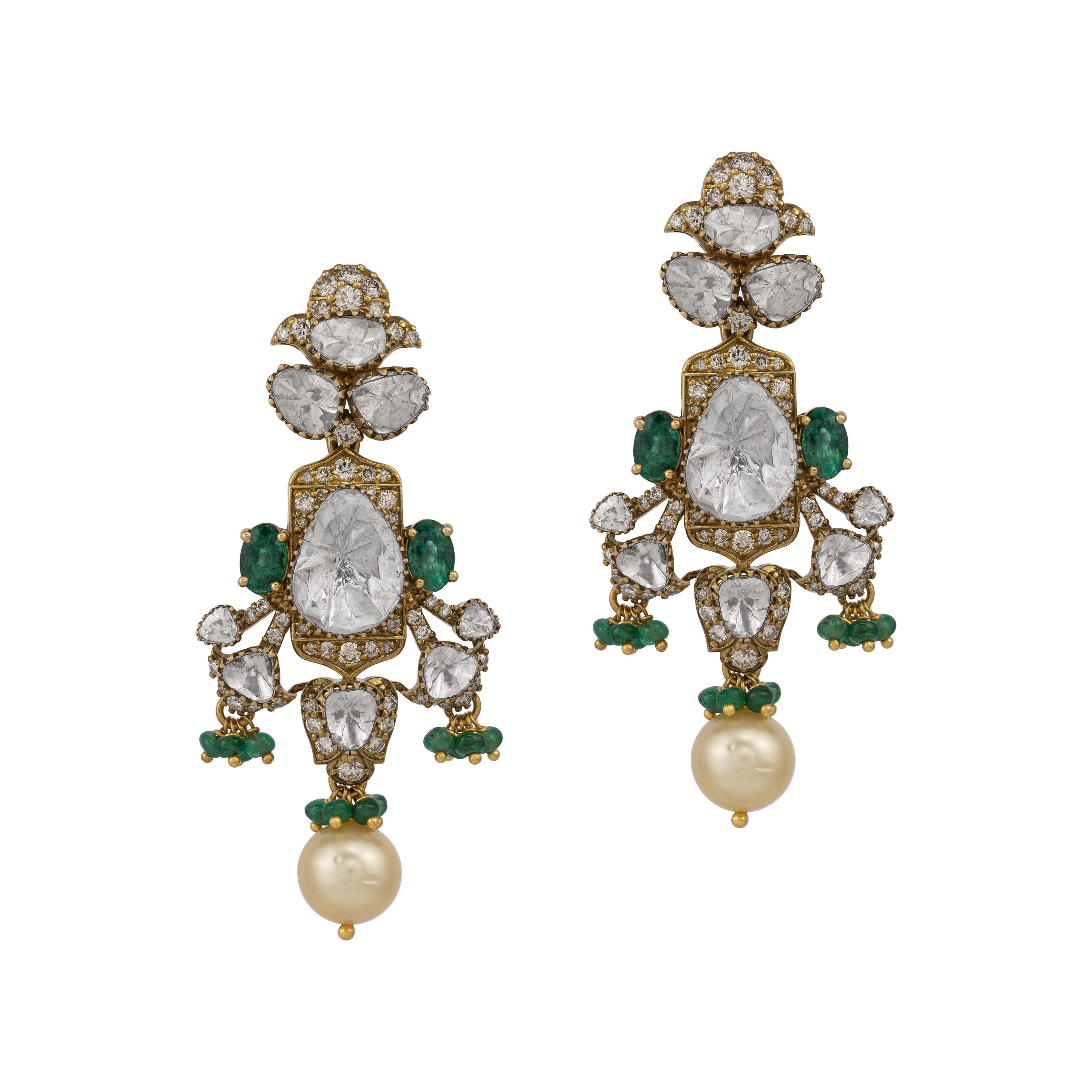 Antique Finish Earrings with Polki and Emerald Beads